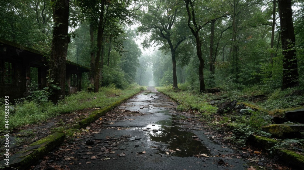 Fototapeta premium An overgrown abandoned highway with trees growing through the asphalt, wild animals freely crossing it, nature reclaiming human structures.