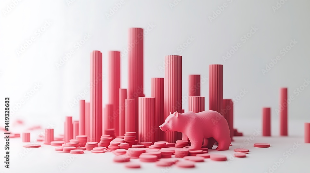 3D flat design of market crash infographic, descending red columns, bear icon and fragmented coin graphics at the bottom, stark white clean background. Created Using: vector modeling tools,