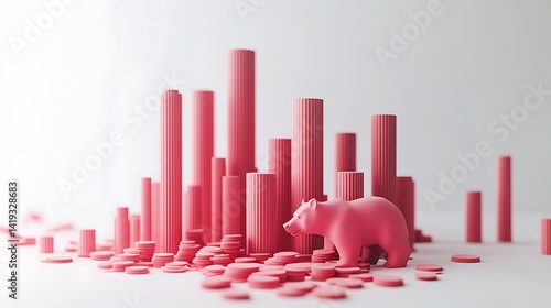 Obraz na płótnie 3D flat design of market crash infographic, descending red columns, bear icon and fragmented coin graphics at the bottom, stark white clean background. Created Using: vector modeling tools, w salonie