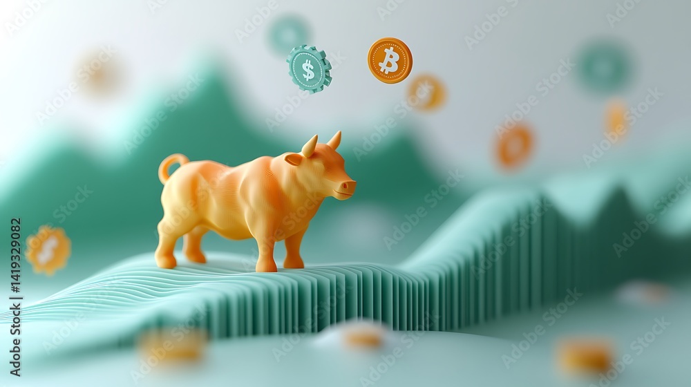 3D flat illustration of a bull market trend, upward-sloping green line chart, golden bull icon in foreground, dollar signs floating above, minimal white background.