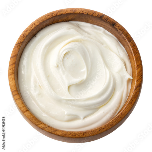Creamy yogurt or sour cream in wooden bowl isolated on transparent background