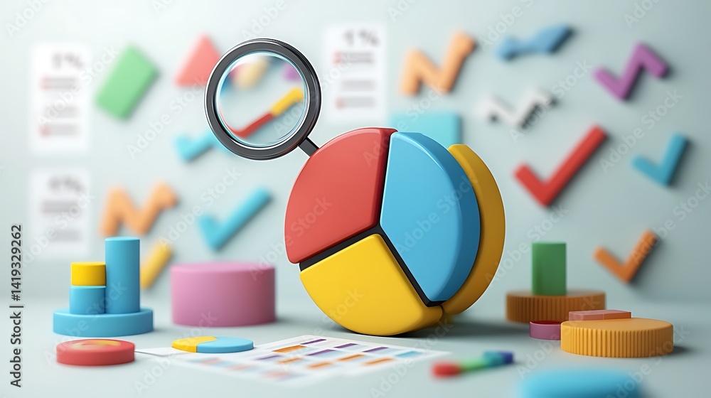 3D flat illustration of a colorful pie chart being analyzed with a magnifying glass icon hovering above, checkmarks and percentage signs floating around, minimal white background.