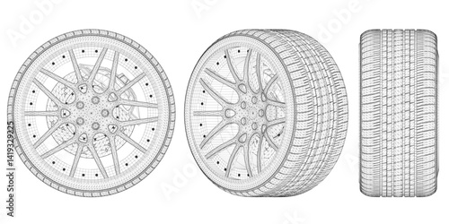 The image is a close up of a tire with a black rim and a white center. The Wheel is drawn in black and white