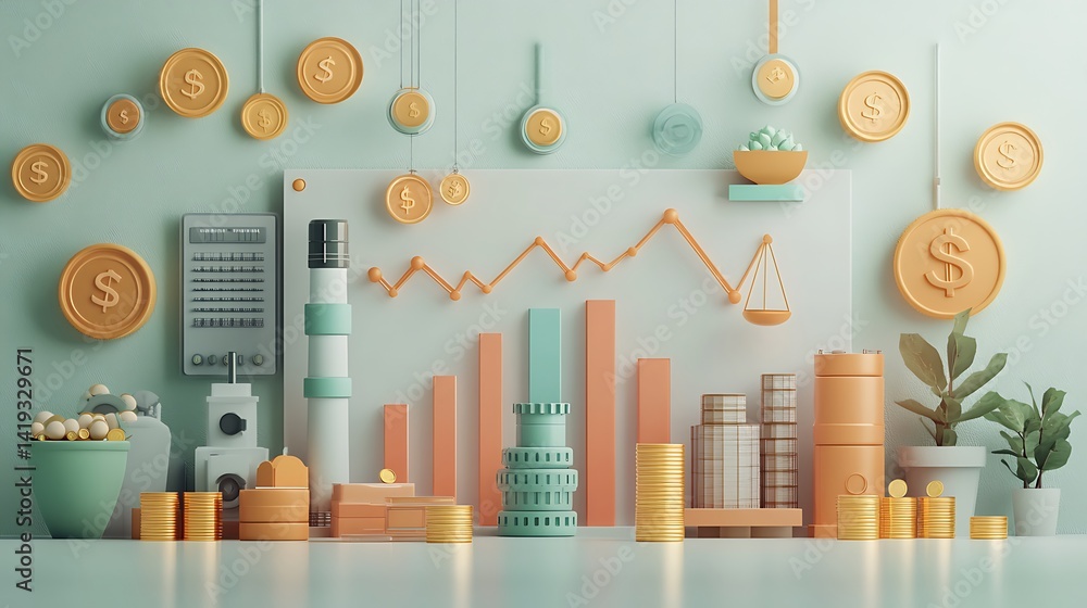 3D flat illustration of break-even analysis graph, showing fixed, variable, and total cost lines intersecting at a break-even point, with icons of a factory, coins, and balance scales,