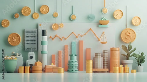 Obraz na płótnie 3D flat illustration of break-even analysis graph, showing fixed, variable, and total cost lines intersecting at a break-even point, with icons of a factory, coins, and balance scales, w salonie