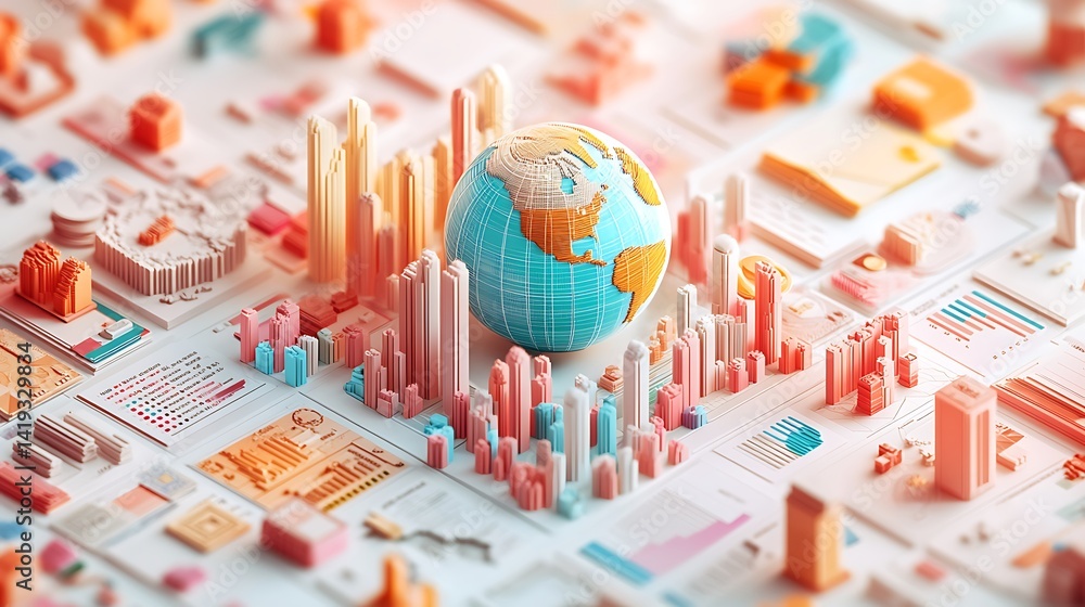 3D flat illustration of global market comparison, multiple colorful line graphs, currency icons and miniature globe in center, national flags spaced evenly, clean white background.