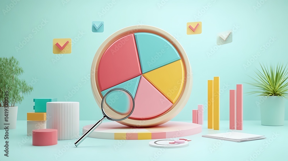 3D flat infographic of data pie chart analysis, percentage signs orbiting the chart, magnifying glass over one slice, checkmarks floating in background, white space-heavy layout.