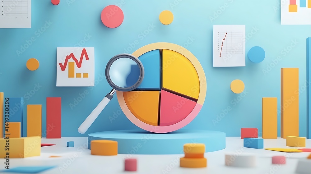 3D flat infographic of data pie chart analysis, percentage signs orbiting the chart, magnifying glass over one slice, checkmarks floating in background, white space-heavy layout.