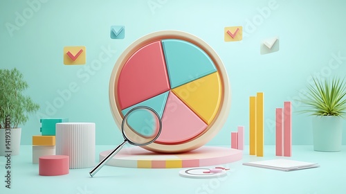 Obraz na płótnie 3D flat infographic of data pie chart analysis, percentage signs orbiting the chart, magnifying glass over one slice, checkmarks floating in background, white space-heavy layout. w salonie