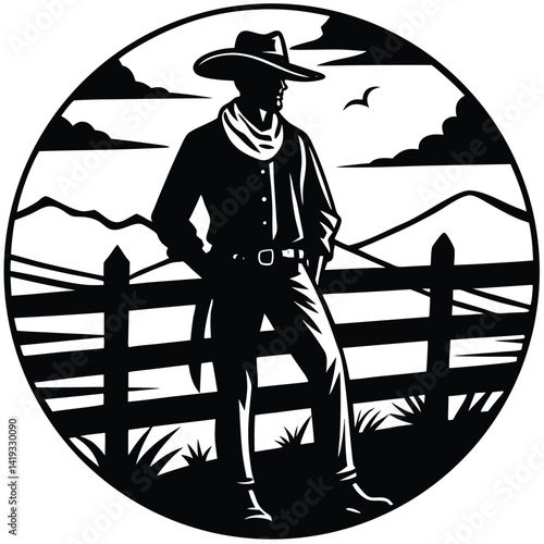 Cowboy Silhouette Art: Western Ranch Scene with Cowboy, Fence, and Mountain Landscape - Vector Illustration Graphic