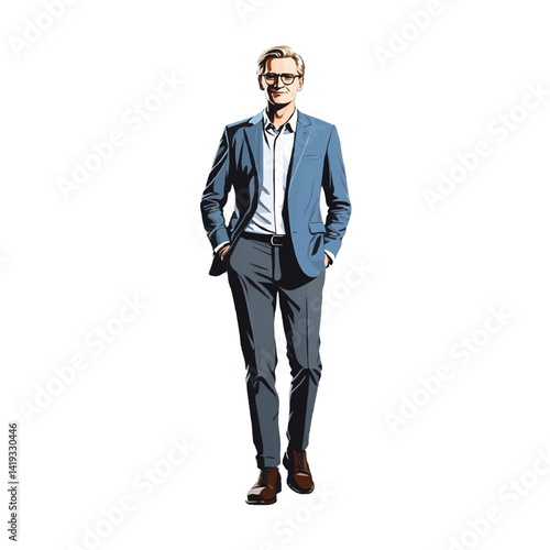 Modern ceo businessman in suit poses confidently, showcasing contemporary fashion for professional settings