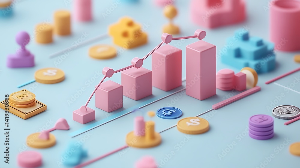 A 3D flat diagram of business break-even analysis, minimalistic cost line chart intersecting at break-even point, with tiny factory and money icons, clean white background.