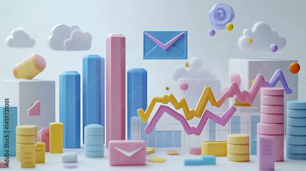 A flat 3D scene of quarterly earnings, large vertical bar chart on the left, line graph on the right, envelope icon hovering above, minimal financial icons around, white background.