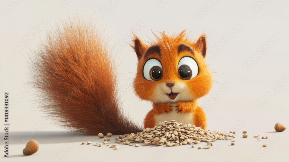 Obraz premium 3D Rendered Squirrel Surrounded by Nuts on Isolated Background, Delightful Digital Artwork of a Cute Rodent