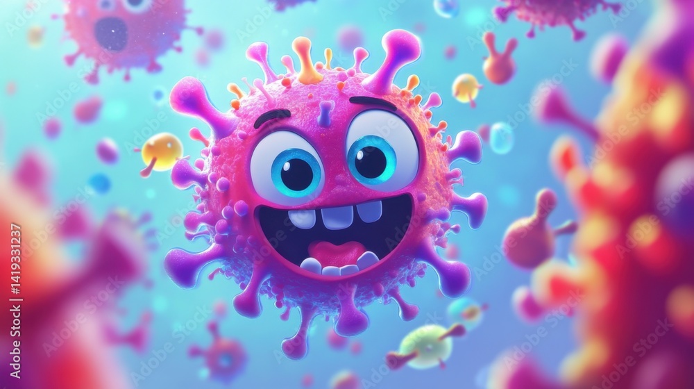 Cheerful Cartoon Virus Closeup Digital Art Happy Microbe Illustration Cheerful Cartoon Virus Closeup Digital Art Happy Microbe Illustration