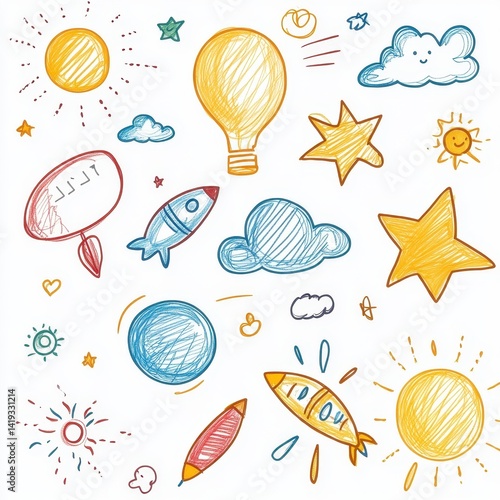 Colorful Hand-Drawn Doodles of Sun, Stars, Clouds, Rockets, and Light Bulbs on White Background for Kids and Education Themes
