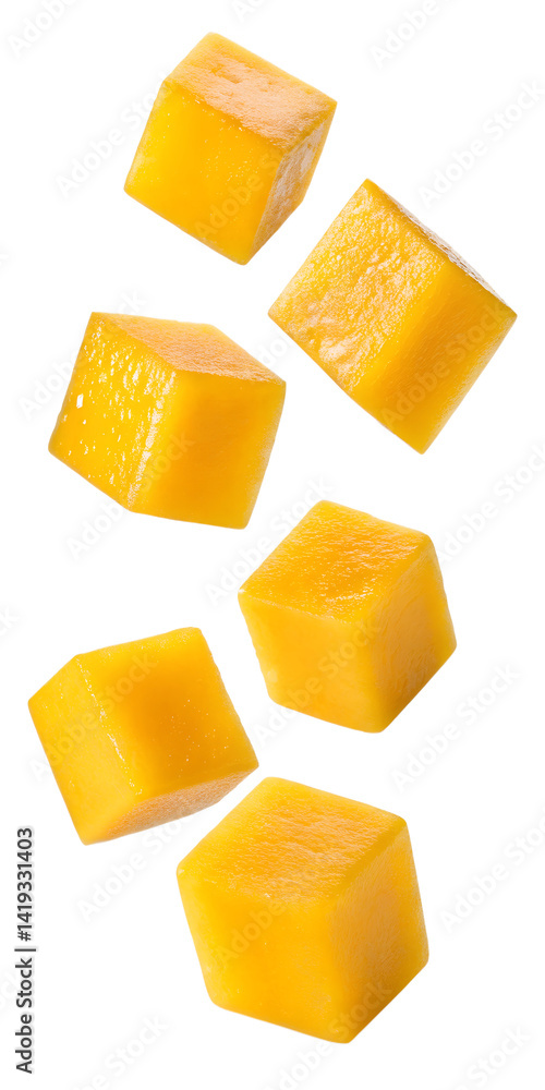 Konstfotografi Falling Mango cube isolated on white background