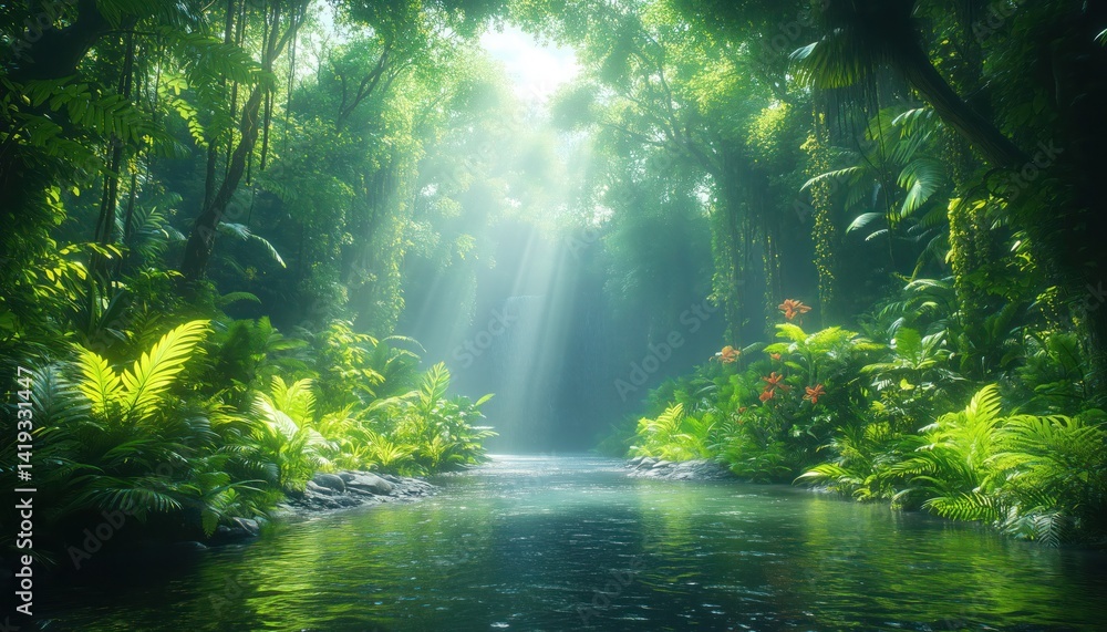 Fototapeta premium dense tropical rainforest with towering trees and vibrant foliage