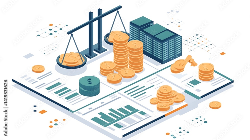 Business diagram in flat 3D, showing break-even point on a chart with total, fixed, and variable cost lines, coin pile icon, factory graphic, and a balance scale on white background.