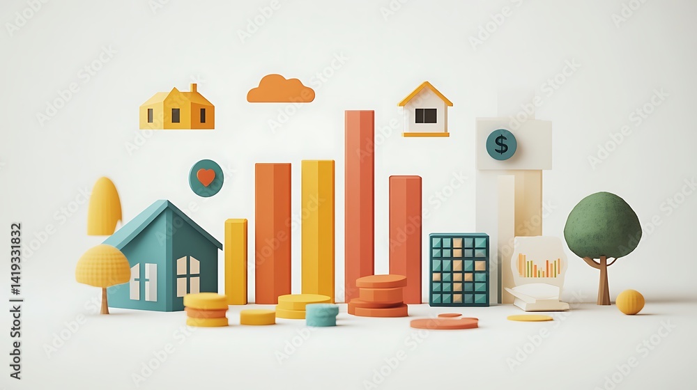 Clean 3D flat illustration of an asset allocation breakdown, vertical stacked bar with labeled segments and floating icons—graph for stocks, house for real estate, paper for mutual funds,