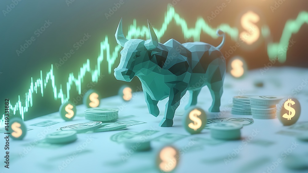 Clean 3D flat scene of financial growth, rising green chart line, bold bull icon charging upward, glowing dollar symbols surrounding chart, white background. Created Using: vector asset base,