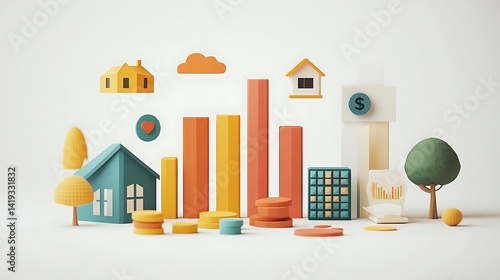 Obraz na płótnie Clean 3D flat illustration of an asset allocation breakdown, vertical stacked bar with labeled segments and floating icons—graph for stocks, house for real estate, paper for mutual funds, w salonie