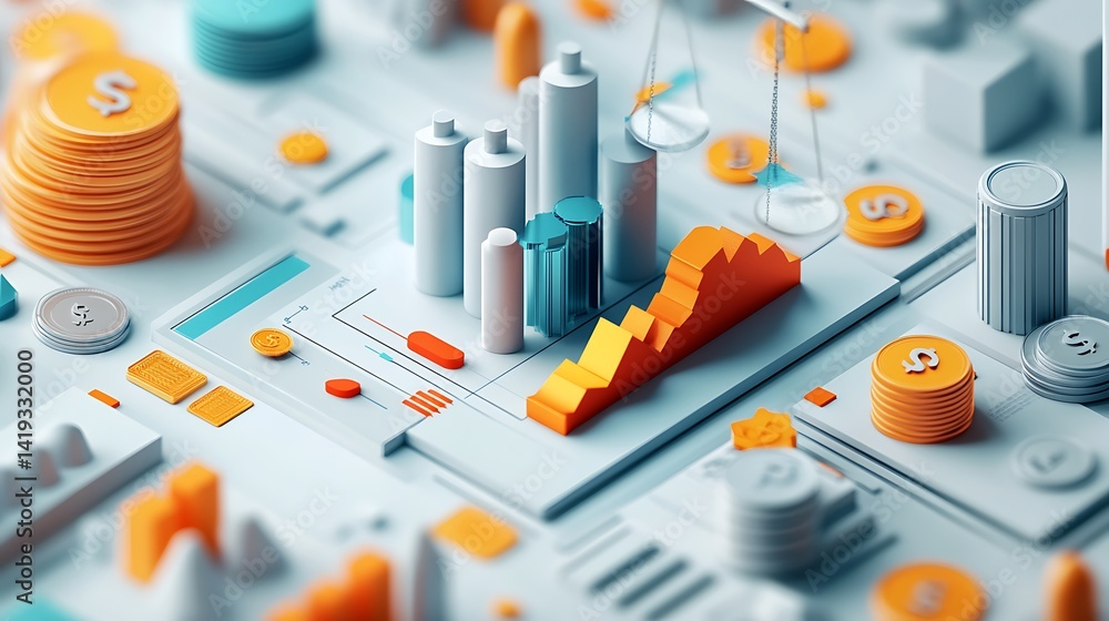 Clean 3D flat visual of a break-even point chart, clear intersection of cost lines, simple icon of a factory, coins and a scale distributed around, all on a bright white background.
