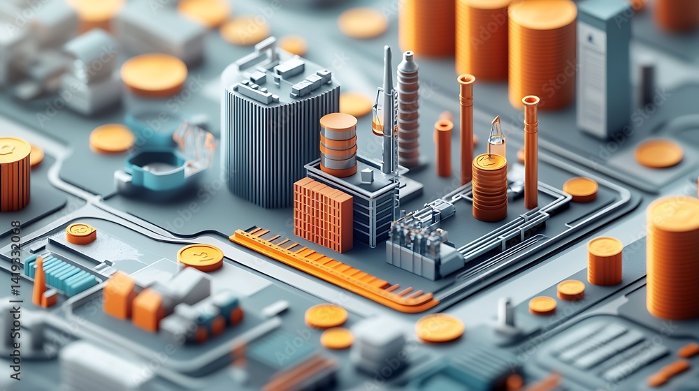 Clean 3D flat visual of a break-even point chart, clear intersection of cost lines, simple icon of a factory, coins and a scale distributed around, all on a bright white background.