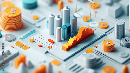 Obraz na płótnie Clean 3D flat visual of a break-even point chart, clear intersection of cost lines, simple icon of a factory, coins and a scale distributed around, all on a bright white background. w salonie