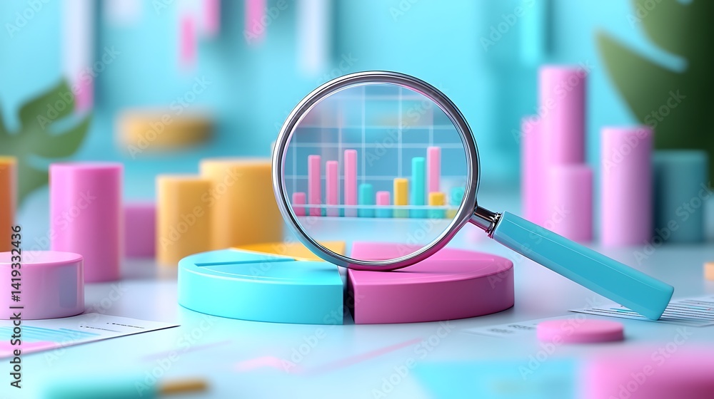 Clean financial analysis scene in 3D flat vector style, pie chart segments arranged on white surface, magnifying glass above with hovering checkmarks and percent values.