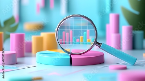 Obraz na płótnie Clean financial analysis scene in 3D flat vector style, pie chart segments arranged on white surface, magnifying glass above with hovering checkmarks and percent values. w salonie
