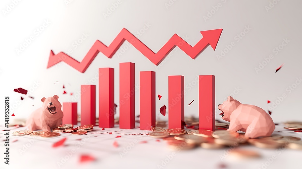 Declining market graph in 3D flat vector style, bold down arrows above a red bar chart, bear icon symbolizing bearish economy, shattered coins around, minimal white backdrop.
