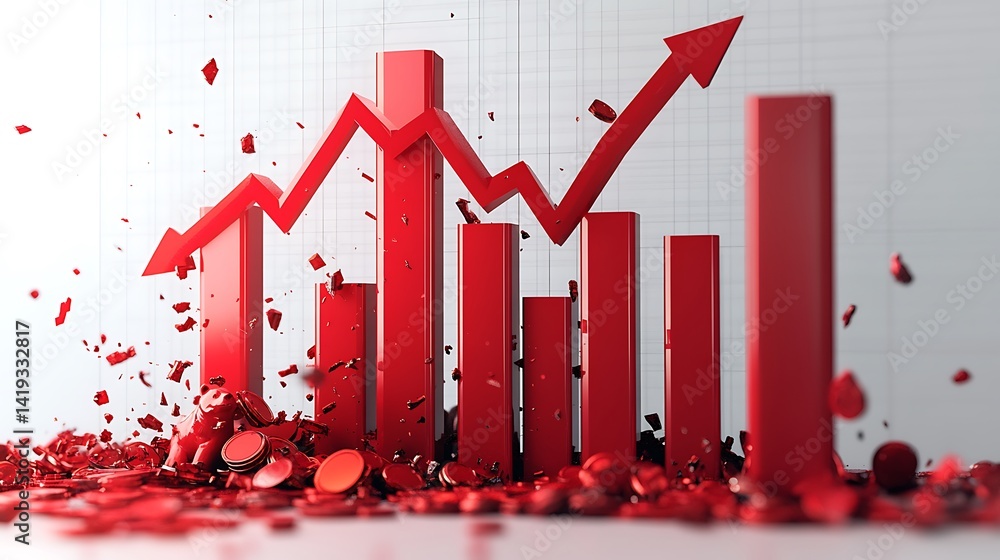 Declining market graph in 3D flat vector style, bold down arrows above a red bar chart, bear icon symbolizing bearish economy, shattered coins around, minimal white backdrop.