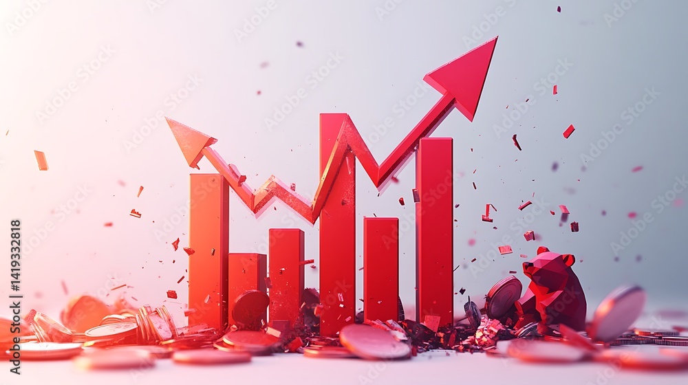 Declining market graph in 3D flat vector style, bold down arrows above a red bar chart, bear icon symbolizing bearish economy, shattered coins around, minimal white backdrop.