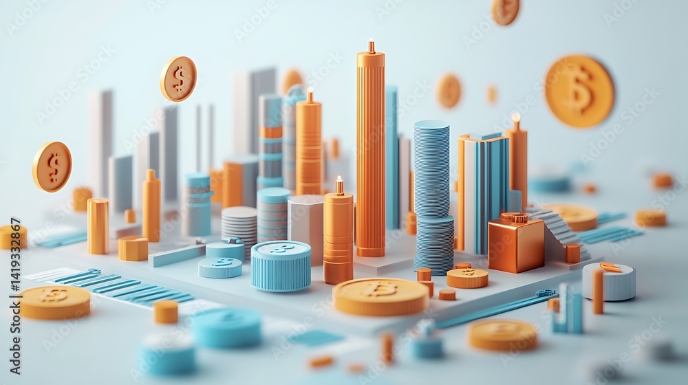 Financial infographic in 3D flat style showing break-even point on intersecting cost curves, factory and coin icons floating nearby, white minimalist background.