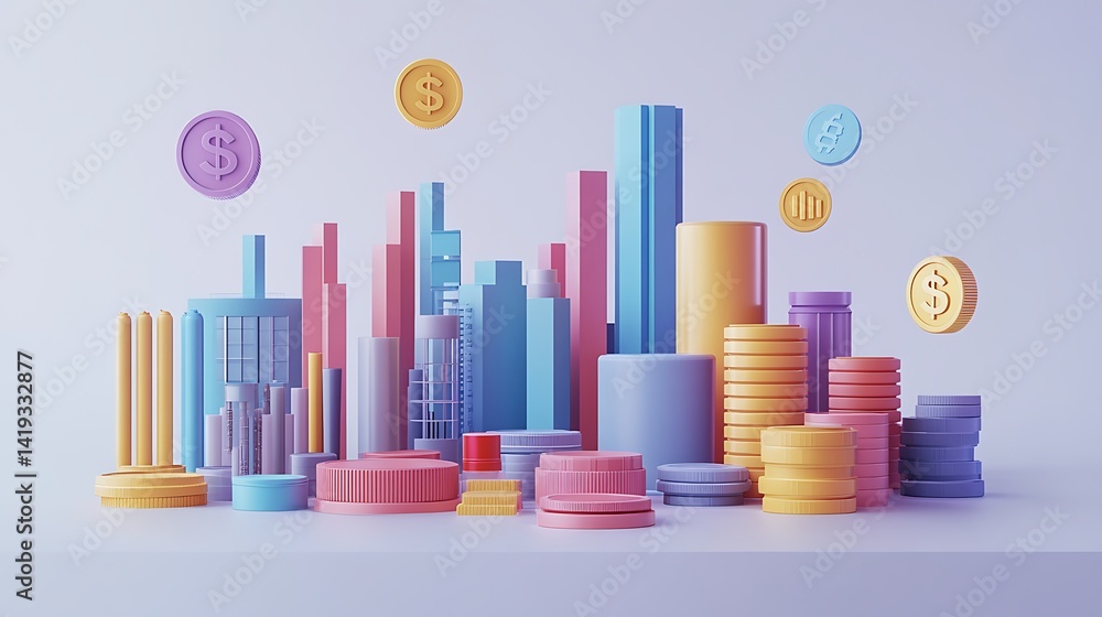Financial infographic in 3D flat style showing break-even point on intersecting cost curves, factory and coin icons floating nearby, white minimalist background.