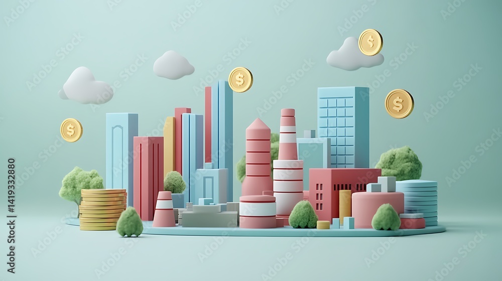 Financial infographic in 3D flat style showing break-even point on intersecting cost curves, factory and coin icons floating nearby, white minimalist background.
