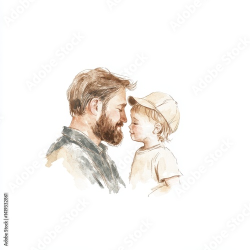 Tender Moment Between Father and Son Illustrating Love and Connection with Soft Watercolor Style in Minimalist Design