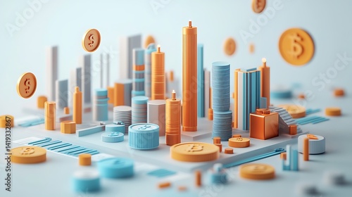 Obraz na płótnie Financial infographic in 3D flat style showing break-even point on intersecting cost curves, factory and coin icons floating nearby, white minimalist background. w salonie
