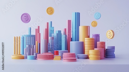 Obraz na płótnie Financial infographic in 3D flat style showing break-even point on intersecting cost curves, factory and coin icons floating nearby, white minimalist background. w salonie