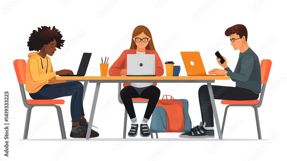 Group sitting together at table engaged with laptops and cell phones for productive teamwork Group sitting together at table engaged with laptops and cell phones for productive teamwork