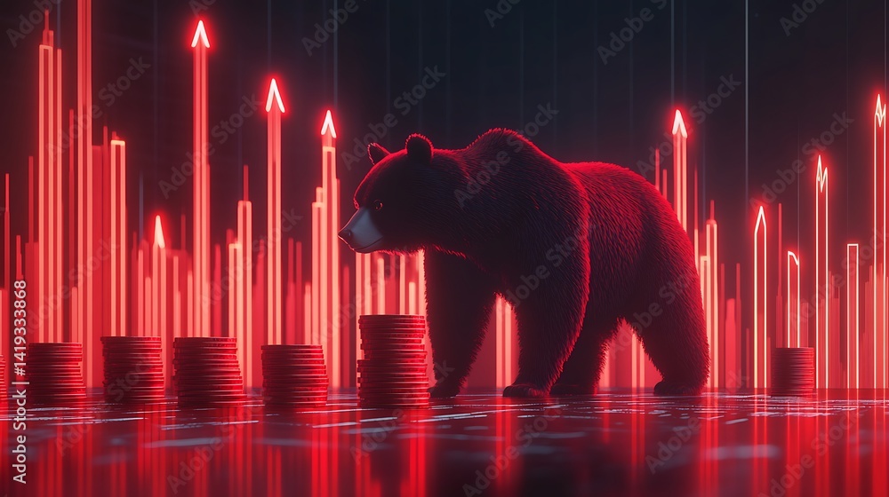 Flat 3D scene of a bearish market visualization, red downtrend bar chart with glowing arrows, bear silhouette near falling coin stacks, clean white background. Created Using: vector flat style,