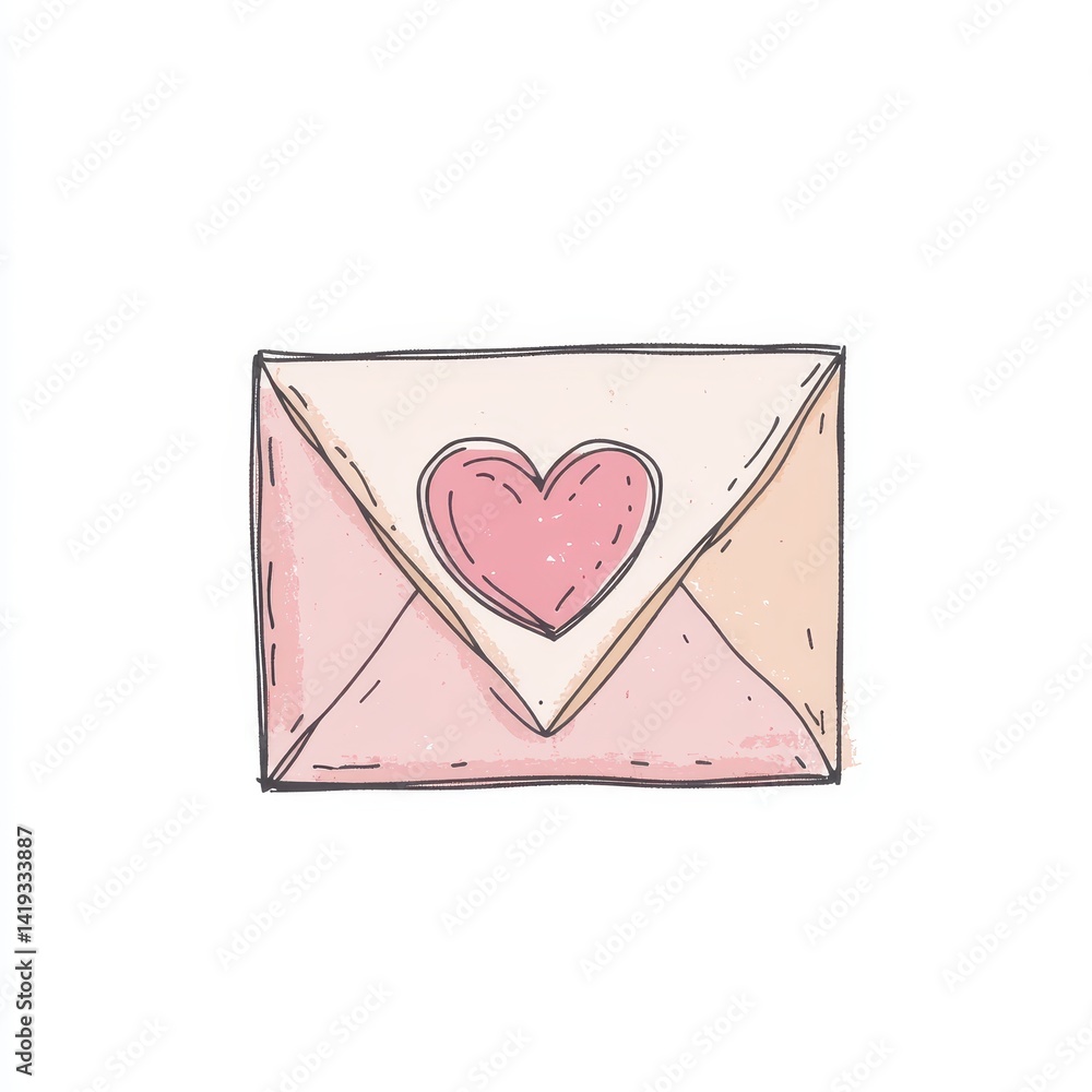 Hand-drawn illustration of a pink envelope with a heart design, perfect for conveying love and affection in various creative projects Hand-drawn illustration of a pink envelope with a heart design, perfect for conveying love and affection in various creative projects