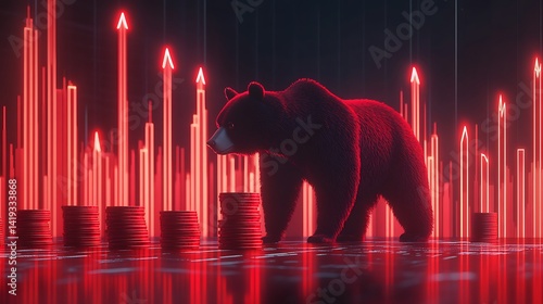 Obraz na płótnie Flat 3D scene of a bearish market visualization, red downtrend bar chart with glowing arrows, bear silhouette near falling coin stacks, clean white background. Created Using: vector flat style, w salonie