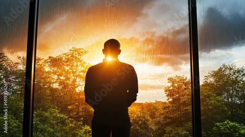 Man Contemplating Sunset Through Rain-Kissed Window