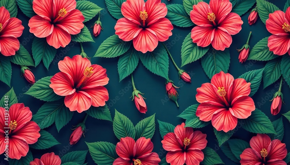 Bold hibiscus blooms & lush foliage, vibrant repeating print, floral, leaves Bold hibiscus blooms & lush foliage, vibrant repeating print, floral, leaves