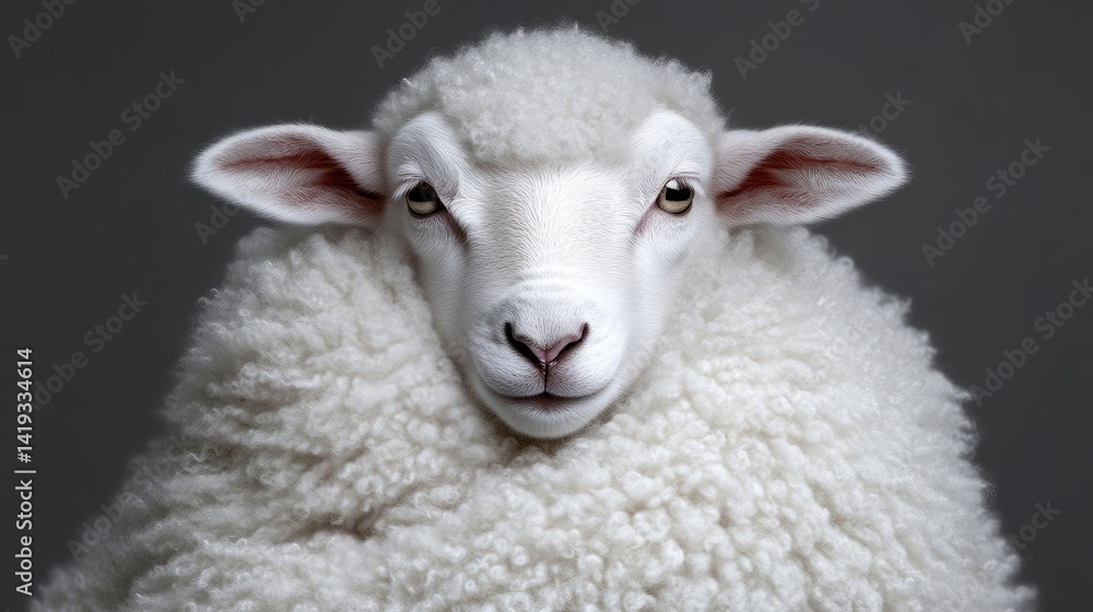 Fototapeta premium Close-up of a fluffy white sheep, portrait against a muted backdrop. Dense fleece, focused on the animal's face and upper body, conveying a sense of calmness and innocence