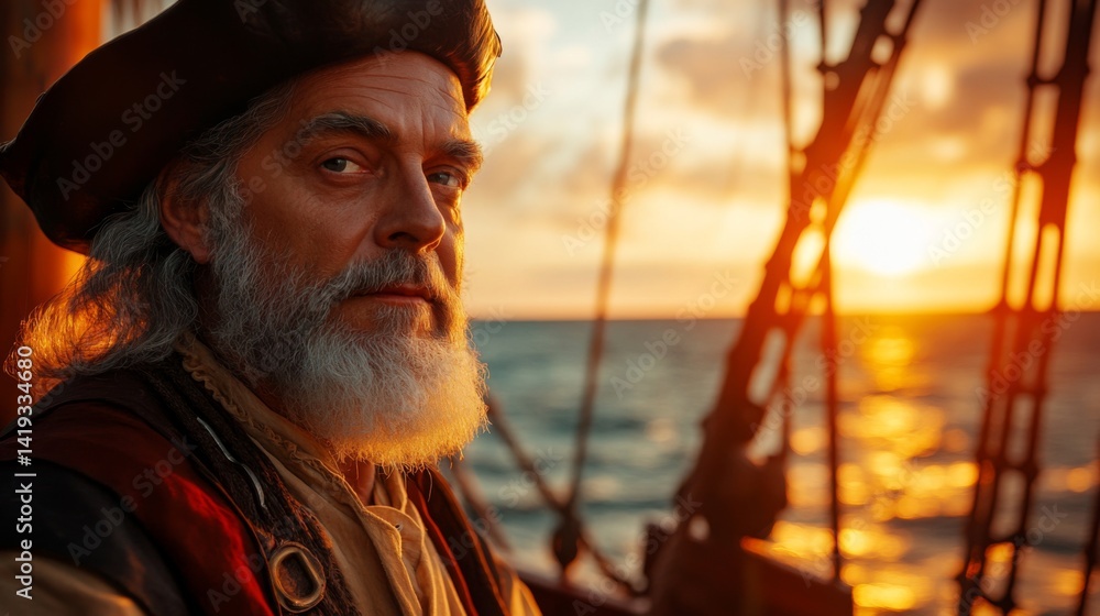 A seasoned pirate gazes thoughtfully at the horizon. His face tells stories of adventure and the sea. The sunset adds a magical touch to the scene. Generative AI