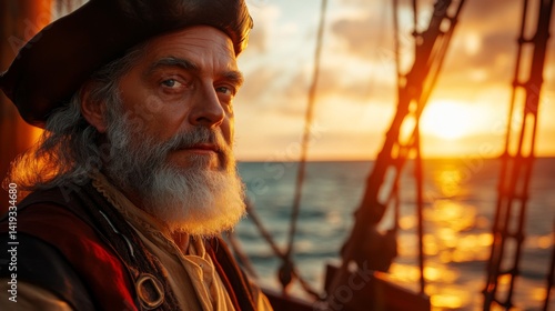 Obraz na płótnie A seasoned pirate gazes thoughtfully at the horizon. His face tells stories of adventure and the sea. The sunset adds a magical touch to the scene. Generative AI w salonie