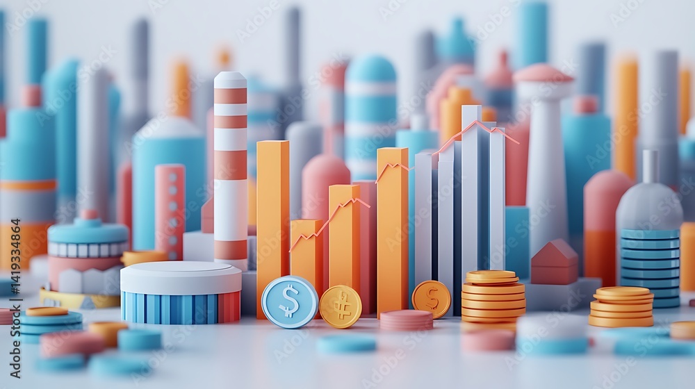 Infographic-style 3D flat scene showing cost vs revenue chart, three distinct colored lines, factory icon on left, coin icons near axes, scale symbol at break-even point, minimalist white background.